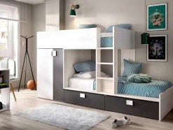 Vente-unique Kinderbed-Stapelbed Juanito Met Ingebouwde Kast - 2 X 90 X 190 Cm - Wit, Eiken En Antraciet
