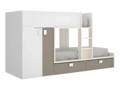 Vente-unique Kinderbed-Stapelbed Juanito Met Ingebouwde Kast En Opbergruimte - 2X90X190Cm - Wit, Eiken En Taupe