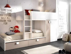 Vente-unique Kinderbed-Stapelbed Juanito Met Ingebouwde Kast En Opbergruimte - 2X90X190Cm - Wit, Eiken En Taupe
