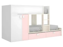 Vente-unique Kinderbed-Stapelbed Met Ingebouwde Kast En Opbergruimte 2X90X190Cm - Wit, Eiken En Roze + Matras -Juanito