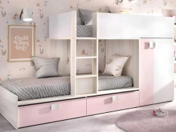 Vente-unique Kinderbed-Stapelbed Met Ingebouwde Kast En Opbergruimte 2X90X190Cm - Wit, Eiken En Roze + Matras -Juanito
