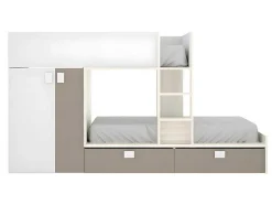 Vente-unique Kinderbed Stapelbed-Stapelbed Met Ingebouwde Kast En Opbergruimte 2X90X190Cm - Wit, Eiken En Taupe + Matras - Juanito
