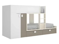 Vente-unique Kinderbed Stapelbed-Stapelbed Met Ingebouwde Kast En Opbergruimte 2X90X190Cm - Wit, Eiken En Taupe + Matras - Juanito