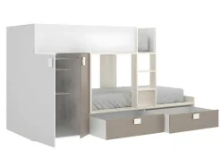 Vente-unique Kinderbed Stapelbed-Stapelbed Met Ingebouwde Kast En Opbergruimte 2X90X190Cm - Wit, Eiken En Taupe + Matras - Juanito