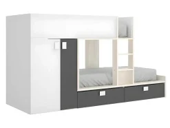 Vente-unique Kinderbed Stapelbed-Stapelbed Met Ingebouwde Kast 2 X 90 X 190 Cm - Wit, Eiken En Antraciet + Matras - Juanito