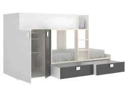 Vente-unique Kinderbed Stapelbed-Stapelbed Met Ingebouwde Kast 2 X 90 X 190 Cm - Wit, Eiken En Antraciet + Matras - Juanito