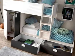 Vente-unique Kinderbed Stapelbed-Stapelbed Met Ingebouwde Kast 2 X 90 X 190 Cm - Wit, Eiken En Antraciet + Matras - Juanito