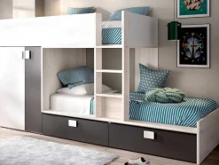 Vente-unique Kinderbed Stapelbed-Stapelbed Met Ingebouwde Kast 2 X 90 X 190 Cm - Wit, Eiken En Antraciet + Matras - Juanito