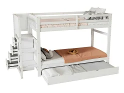 ModernLuxe Kinderbed Stapelbed-Stapelbed Met Onderschuifbed - Massief Grenenhout - 3X90X200 Cm - Opbergtrap Met 4 Lades - Veiligheidsbarrieres - Wit