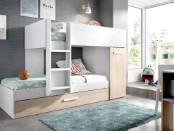 Vente-unique Kinderbed Stapelbed-Stapelbed Met Onderschuifbed Anthony Met Opbergruimte 3X90X190Cm - Kleuren: Wit En Eik + Matras