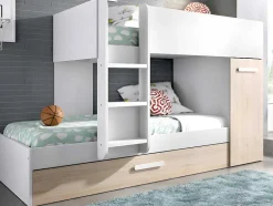 Vente-unique Kinderbed Stapelbed-Stapelbed Met Onderschuifbed Anthony Met Opbergruimte 3X90X190Cm - Kleuren: Wit En Eik + Matras