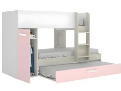 Vente-unique Kinderbed Stapelbed-Stapelbed Met Opbergruimtes 3 X 90 X 190 Cm - Wit, Naturel En Roze - Met Matras - Anthony