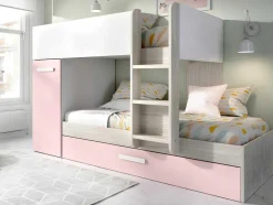 Vente-unique Kinderbed Stapelbed-Stapelbed Met Opbergruimtes 3 X 90 X 190 Cm - Wit, Naturel En Roze - Met Matras - Anthony