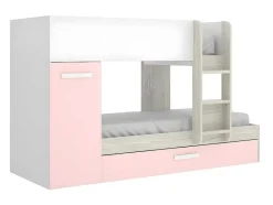 Vente-unique Kinderbed Stapelbed-Stapelbed Met Opbergruimtes 3 X 90 X 190 Cm - Wit, Naturel En Roze - Met Matras - Anthony