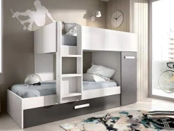 Vente-unique Kinderbed Stapelbed-Stapelbed Met Opbergruimtes 3 X 90 X 190 Cm - Antraciet En Wit - Met Matras - Anthony
