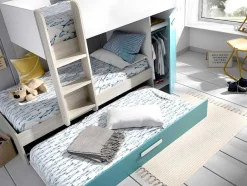 Vente-unique Kinderbed Stapelbed-Stapelbed Met Slaaplade En Opbergruimtes 3 X 90 X 190 Cm - Wit, Naturel En Blauw - Met Matras - Anthony