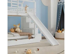 ModernLuxe Kinderbed Stapelbed-Stapelbed 90X200Cm - Grenenhout En Mdf Structuur - Met Glijbaan En Opbergtrap - Een Grote Lade Onder Het Bed - Wit