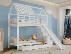 ModernLuxe Kinderbed Stapelbed-Stapelbed 90X200Cm - Grenenhout En Mdf Structuur - Met Glijbaan En Opbergtrap - Een Grote Lade Onder Het Bed - Wit