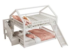 Vente-unique Kinderbed Stapelbed-Stapelbedden 140 X 200 Cm - Mdf Hout - Opbergtrap En Glijbaan - Wit