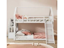 Vente-unique Kinderbed Stapelbed-Stapelbedden 140 X 200 Cm - Mdf Hout - Opbergtrap En Glijbaan - Wit