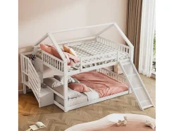 Vente-unique Kinderbed Stapelbed-Stapelbedden 140 X 200 Cm - Mdf Hout - Opbergtrap En Glijbaan - Wit
