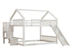 Vente-unique Kinderbed Stapelbed-Stapelbedden 140 X 200 Cm - Mdf Hout - Opbergtrap En Glijbaan - Wit