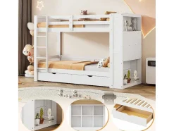 Vente-unique Kinderbed Stapelbed-Stapelbedden 2 X 90 X 200 Cm Voor Kinderen - 2 Laden + 6 Vakken + Planken - Mdf Hout - Wit