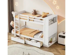 Vente-unique Kinderbed Stapelbed-Stapelbedden 2 X 90 X 200 Cm Voor Kinderen - 2 Laden + 6 Vakken + Planken - Mdf Hout - Wit