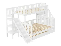 Vente-unique Kinderbed Stapelbed-Stapelbedden Met Glijbaan En Planken, Onderschuifbed - 2 X 90 X 200 Cm + 140 X 200 Cm - Wit - Anthony