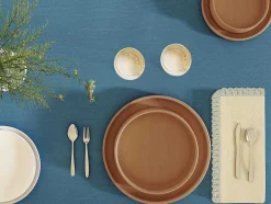 OZAIA Textiel Voor Eettafel-Tafelkleed + 4 Servetten Met Franjes - Katoen - Blauw - 140 X 240 Cm - Pola