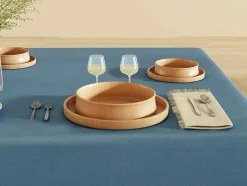 OZAIA Textiel Voor Eettafel-Tafelkleed + 4 Servetten Met Franjes - Katoen - Blauw - 140 X 240 Cm - Pola