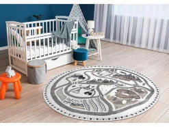 RugsX Tapijt Rond-Tapijt Fun Land Voor Kinderen, Dorp, Straten, Wiel - Creme Cercle 140 Cm