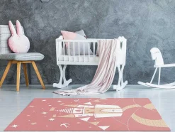 OZAIA Kindervloerkleed-Tapijt Kinderen Sprookjeskasteel - Glanzende Lurex-Afwerking - 120 X 170 Cm - Roze En Goud - Princesia