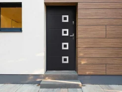 Vente-unique Voordeur-Toegangsdeur Van Geglazuurd En Roestvrij Staal L207 X B100 Cm Antraciet - Linkerdeur - Tifana