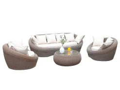 MYLIA Loungeset-Tuin Loungeset Van Karamel Gevolchten Hars - Zitbank & 2 Fauteuils & Salontafel - Whiteheaven