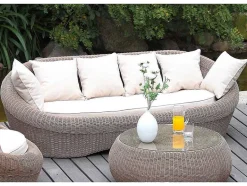 MYLIA Loungeset-Tuin Loungeset Van Karamel Gevolchten Hars - Zitbank & 2 Fauteuils & Salontafel - Whiteheaven