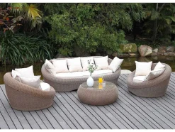 MYLIA Loungeset-Tuin Loungeset Van Karamel Gevolchten Hars - Zitbank & 2 Fauteuils & Salontafel - Whiteheaven