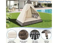 ModernLuxe Ligstoel-Tuinbed - Rotan Tent Voor 2 Personen - Met Gordijn En Kussens - Grijs