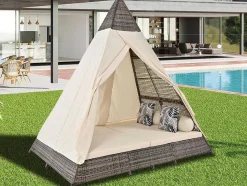 ModernLuxe Ligstoel-Tuinbed - Rotan Tent Voor 2 Personen - Met Gordijn En Kussens - Grijs