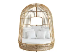 MYLIA Ligstoel-Tuinbed Met Baldakijn Van Gevlochten Hars - Licht Naturel Met Wit Kussen - Cervaro Van