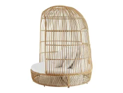 MYLIA Ligstoel-Tuinbed Met Baldakijn Van Gevlochten Hars - Licht Naturel Met Wit Kussen - Cervaro Van