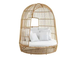 MYLIA Ligstoel-Tuinbed Met Baldakijn Van Gevlochten Hars - Licht Naturel Met Wit Kussen - Cervaro Van