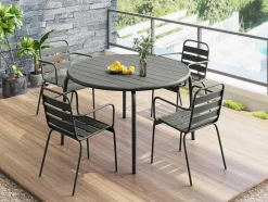 MYLIA Tuinset-Tuineethoek Van Metaal - Een Tafel D110 Cm En 4 Opstapelbare Fauteuils - Donkergrijs - Mirmande