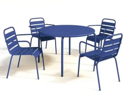 MYLIA Tuinset-Tuineetset Mirmande: Tafel D.110 Cm Met 4 Opstapelbare Fauteuils - Metaal - Nachtblauw