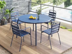 MYLIA Tuinset-Tuineetset Mirmande: Tafel D.110 Cm Met 4 Opstapelbare Fauteuils - Metaal - Nachtblauw