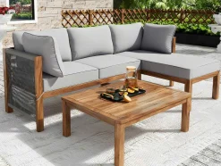 ModernLuxe Loungeset-Tuinmeubelen In Acaciahout En Grijs Touw - 2 Zitbanken En 1 Salontafel - Verstelbare Poten - Grijs & Naturel
