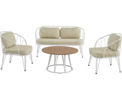 MYLIA Loungeset-Tuinzithoek Van Metaal: 1 Tweezitsbank, 2 Fauteuils En 1 Salontafel - Wit - Arlesan