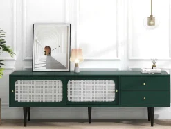 ModernLuxe Tv-Meubel-Tv-Meubel 160 Cm - 2 Rotan Schuifdeuren En 2 Lades - Groen