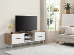 Vente-unique Tv-Meubel-Tv-Meubel Met 4 Lades En 2 Nissen - Mdf & Metaal - Witgelakt & Naturelkleur - Cayana
