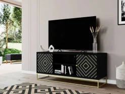 Vente-unique Tv-Meubel-Tv-Meubel Prismin - 2 Deuren En 2 Laden - Mango En Metaal - Zwart
